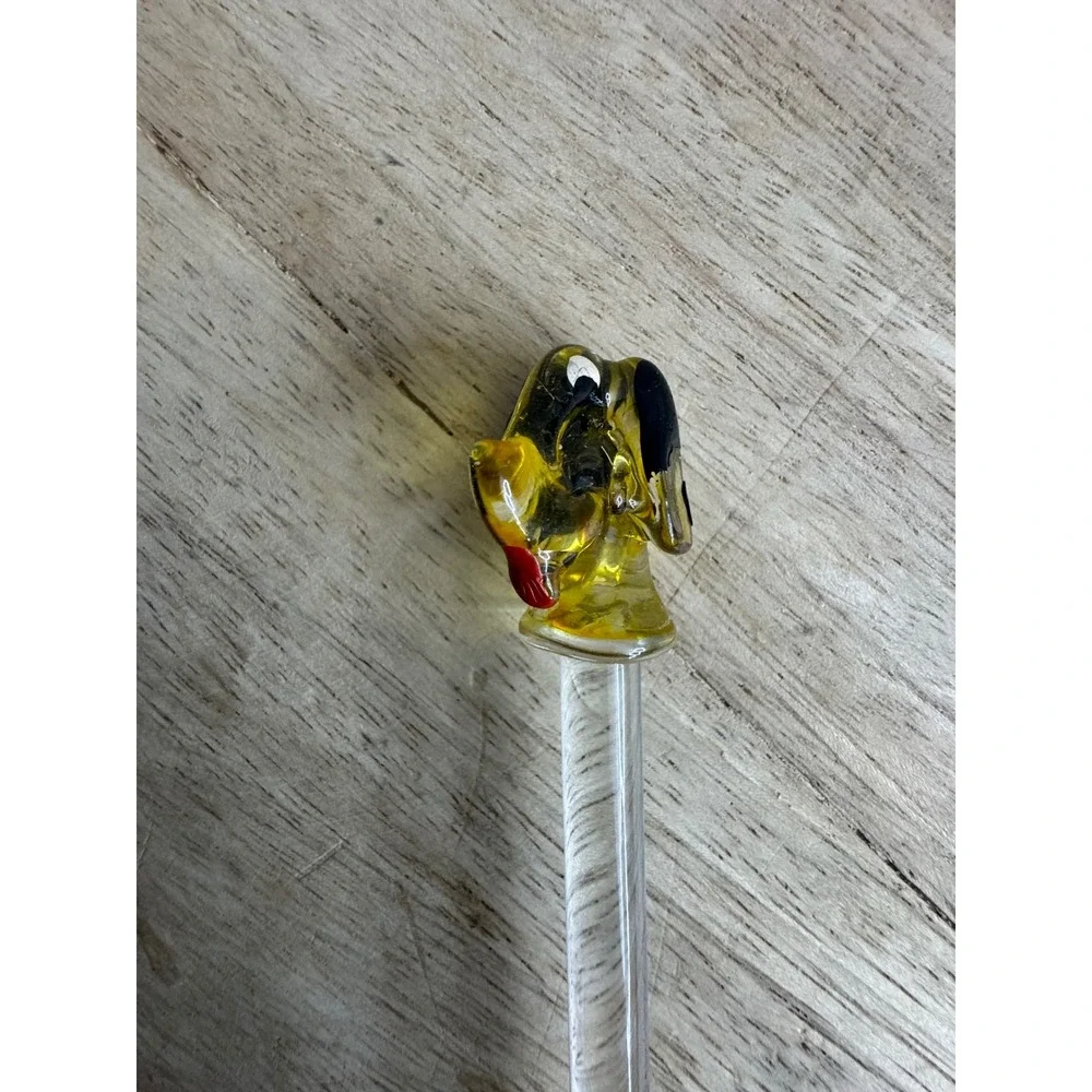 Vintage Art Glass Swizzle Stick Yellow Black‎ Dog Dachshund Figural Bar Stirrer